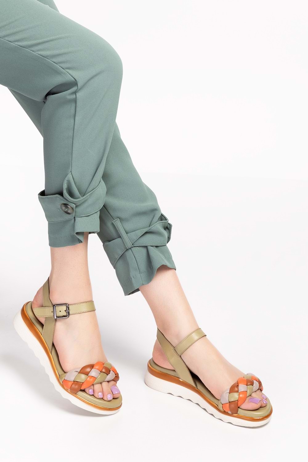 Gondol Hakiki Deri Renkli Kombin Günlük Şık Sandalet iz.4510 - Yeşil Kombin - 38