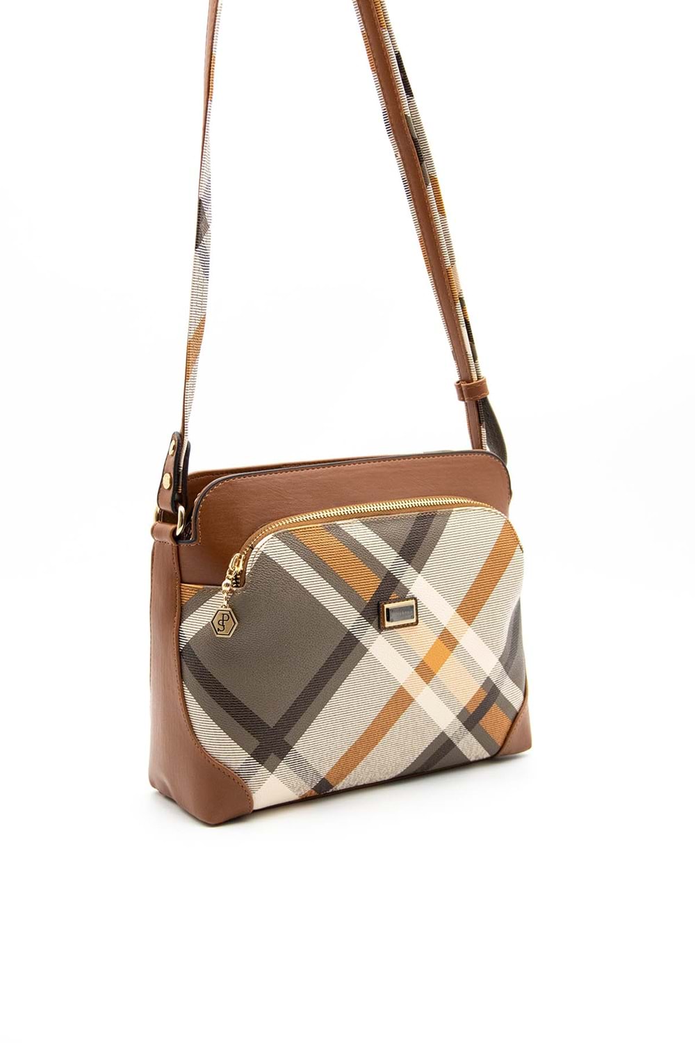 Silver Polo Kadın Tek Bölmeli Ekose Desen Çapraz Çanta sp.364 - Taba Ekose - M111