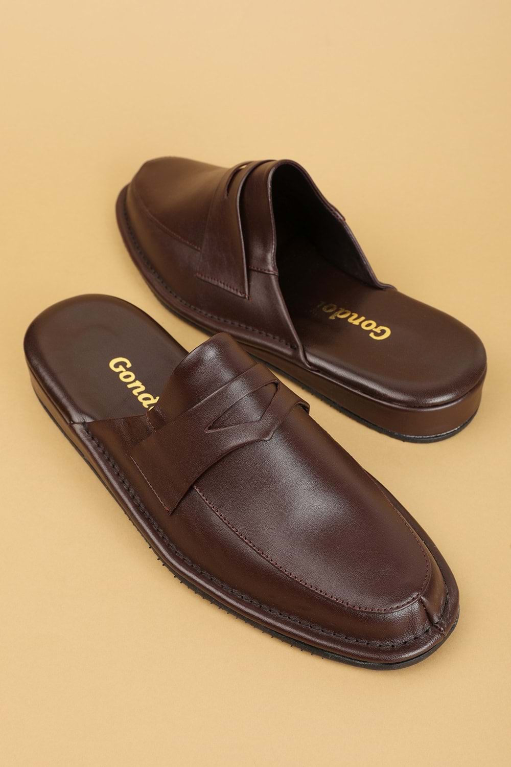 Gondol Erkek Hakiki Deri Damat Ev Terliği kayaş.9011 - Kahverengi - 43