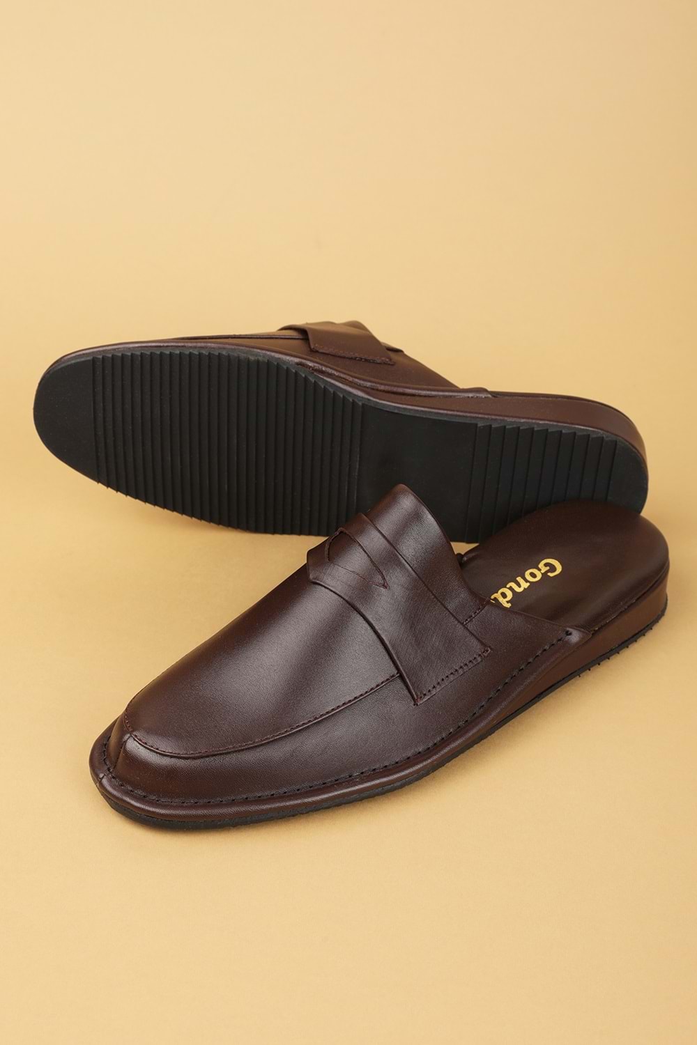 Gondol Erkek Hakiki Deri Damat Ev Terliği kayaş.9011 - Kahverengi - 45