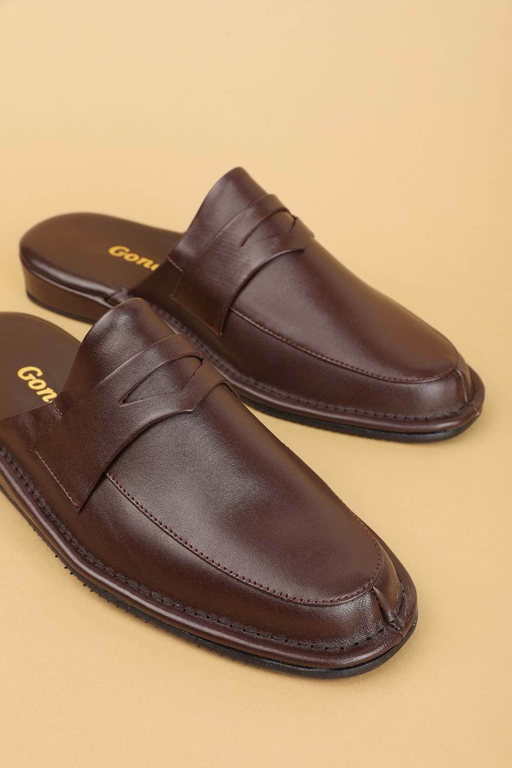 Gondol Erkek Hakiki Deri Damat Ev Terliği kayaş.9011 - Kahverengi - 45