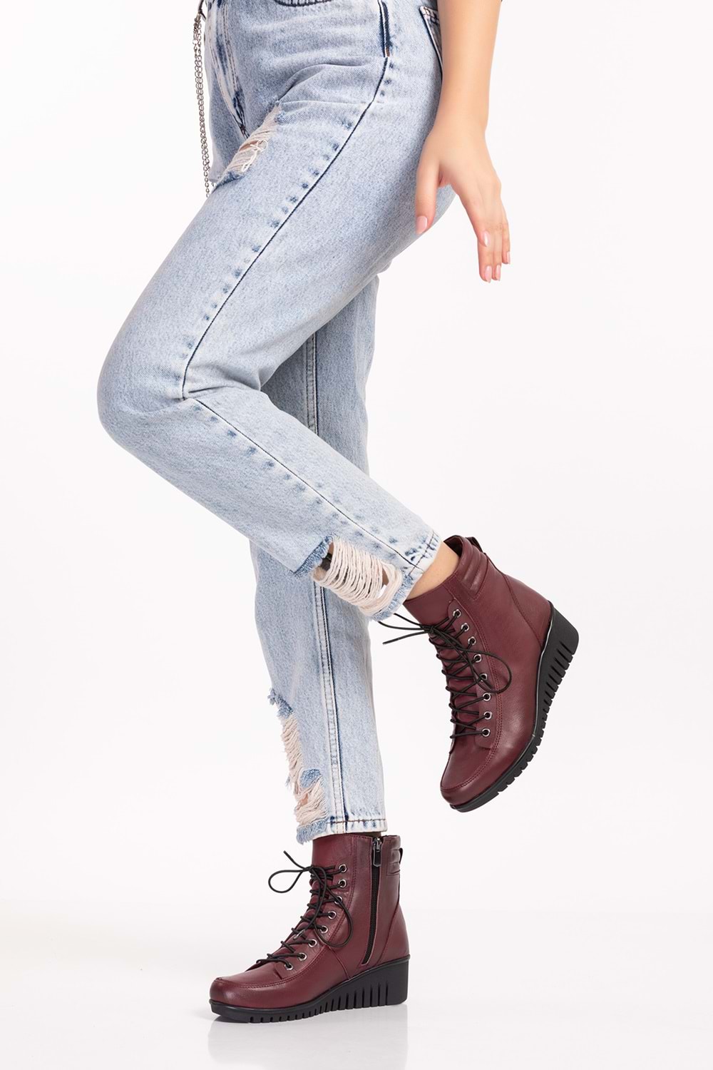 Gondol Kadın Hakiki Deri Kaymaz Dolgu Topuk Fermuarlı Bot esfa.2451 - Bordo - 41