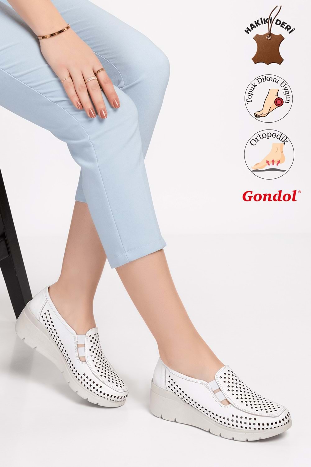 Gondol Hakiki Deri Dolgu Taban Rahat Yazlık Ayakkabı esfa.4001 - Beyaz - 35