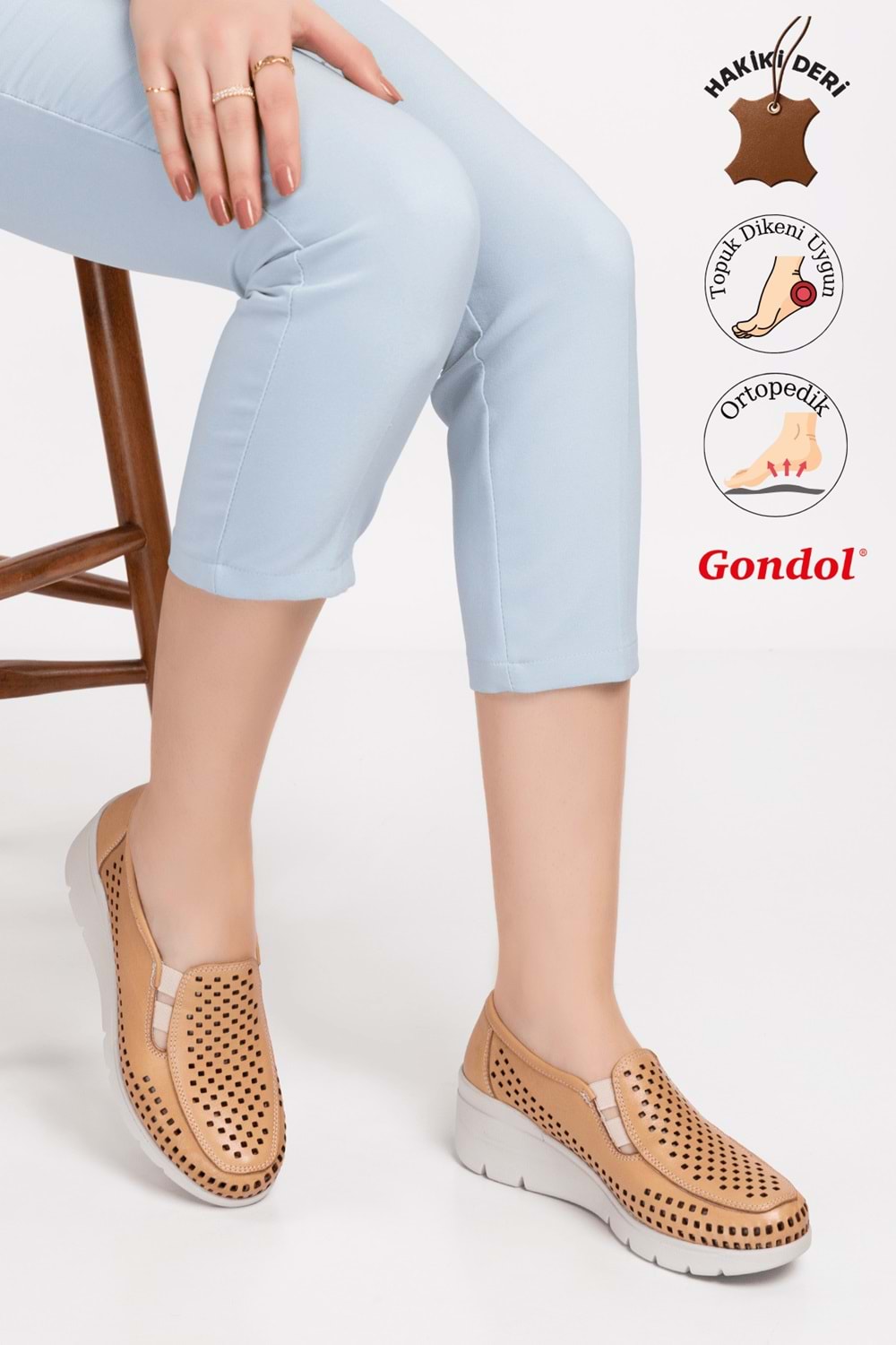 Gondol Hakiki Deri Dolgu Taban Rahat Yazlık Ayakkabı esfa.4001 - Nude - 37