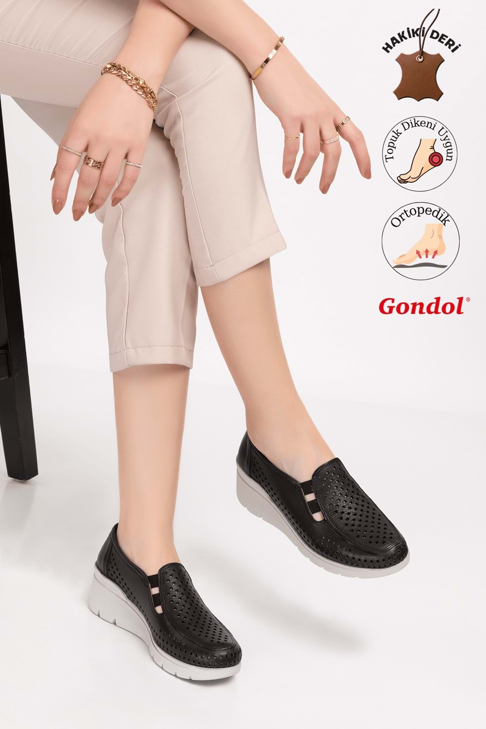 Gondol Hakiki Deri Dolgu Taban Rahat Yazlık Ayakkabı esfa.4001 - Siyah - 35