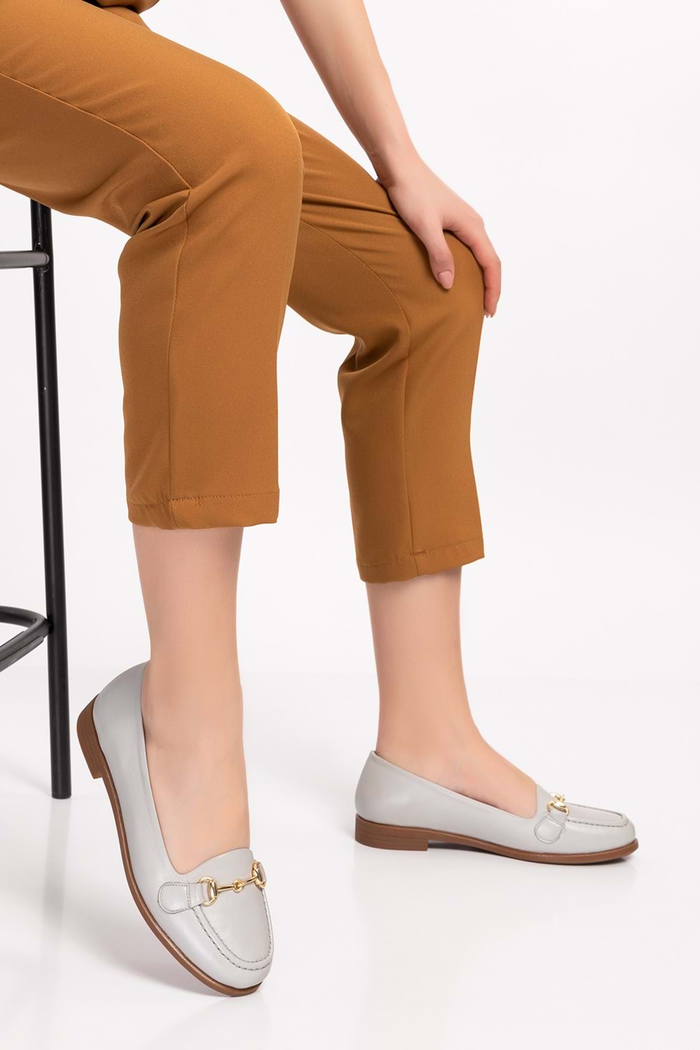 Gondol Hakiki Deri Kadın Günlük Loafer vdt.851 - Buz Gri - 35