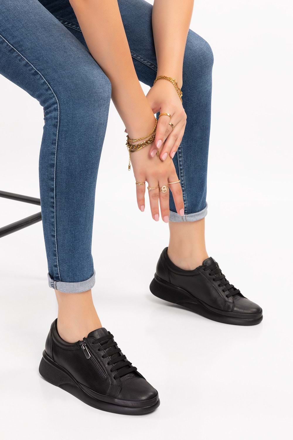 Gondol Hakiki Deri Anatomik Taban Fermuarlı Rahat Günlük Ayakkabı Ndr.6500 - Siyah - 37