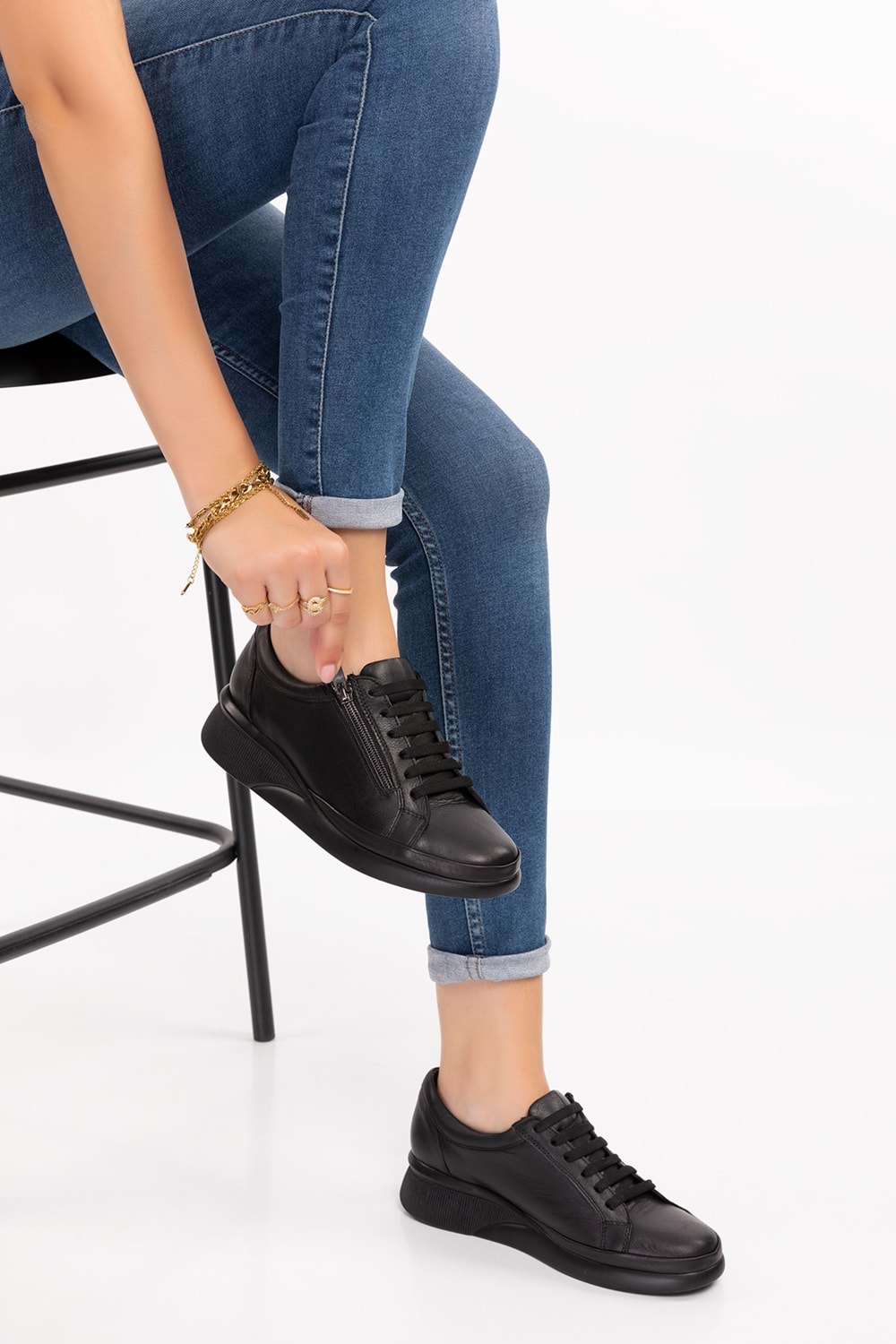 Gondol Hakiki Deri Anatomik Taban Fermuarlı Rahat Günlük Ayakkabı Ndr.6500 - Siyah - 37