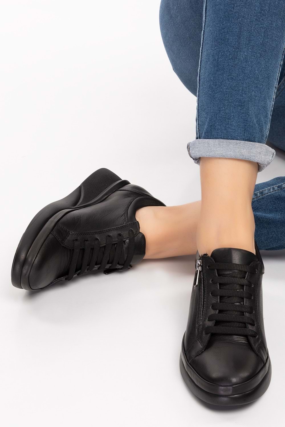 Gondol Hakiki Deri Anatomik Taban Fermuarlı Rahat Günlük Ayakkabı Ndr.6500 - Siyah - 37