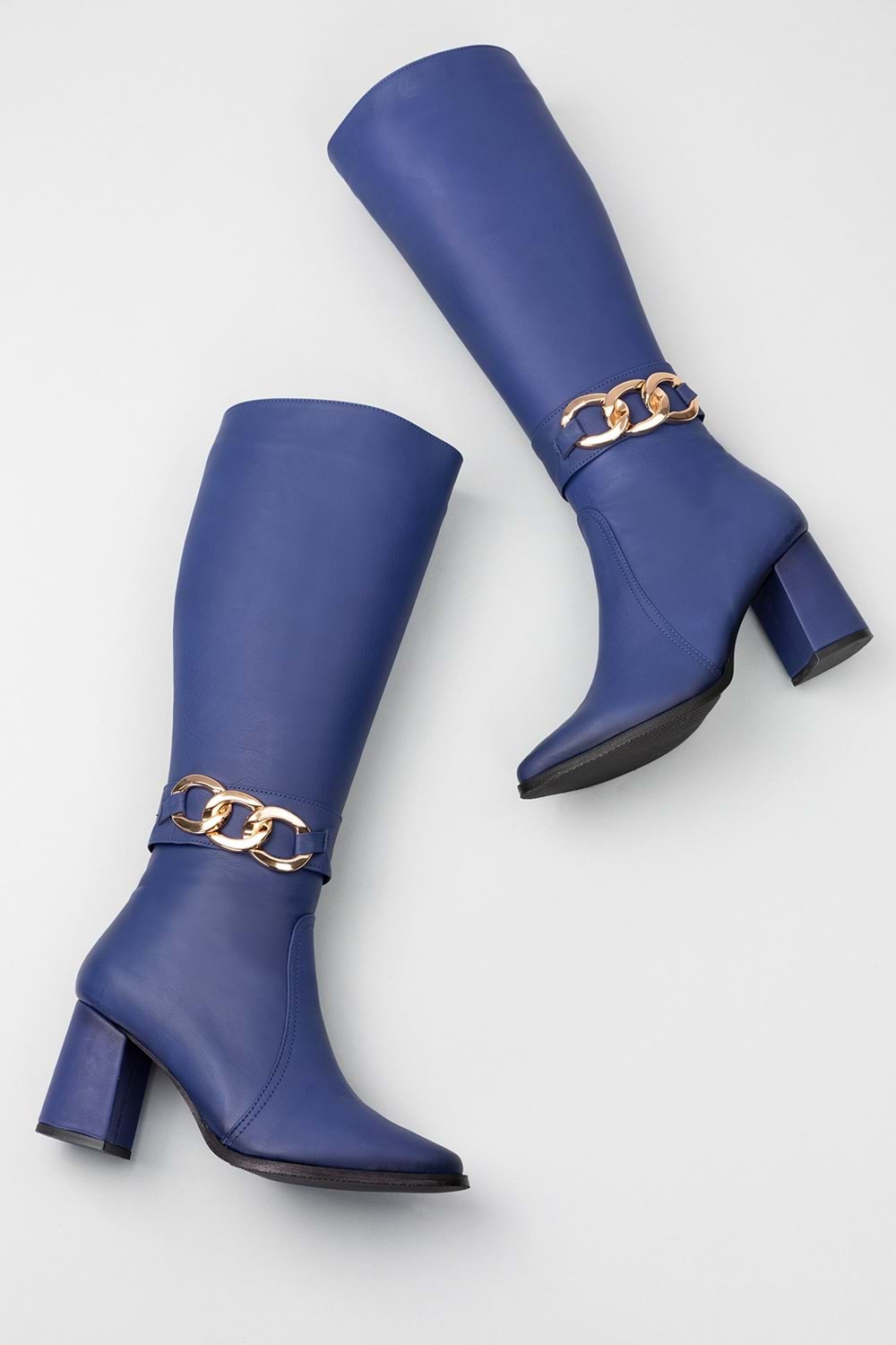 Gondol Hakiki Deri Zincir Detaylı Topuklu Çizme anl.2703 - Saks Mavi - 42