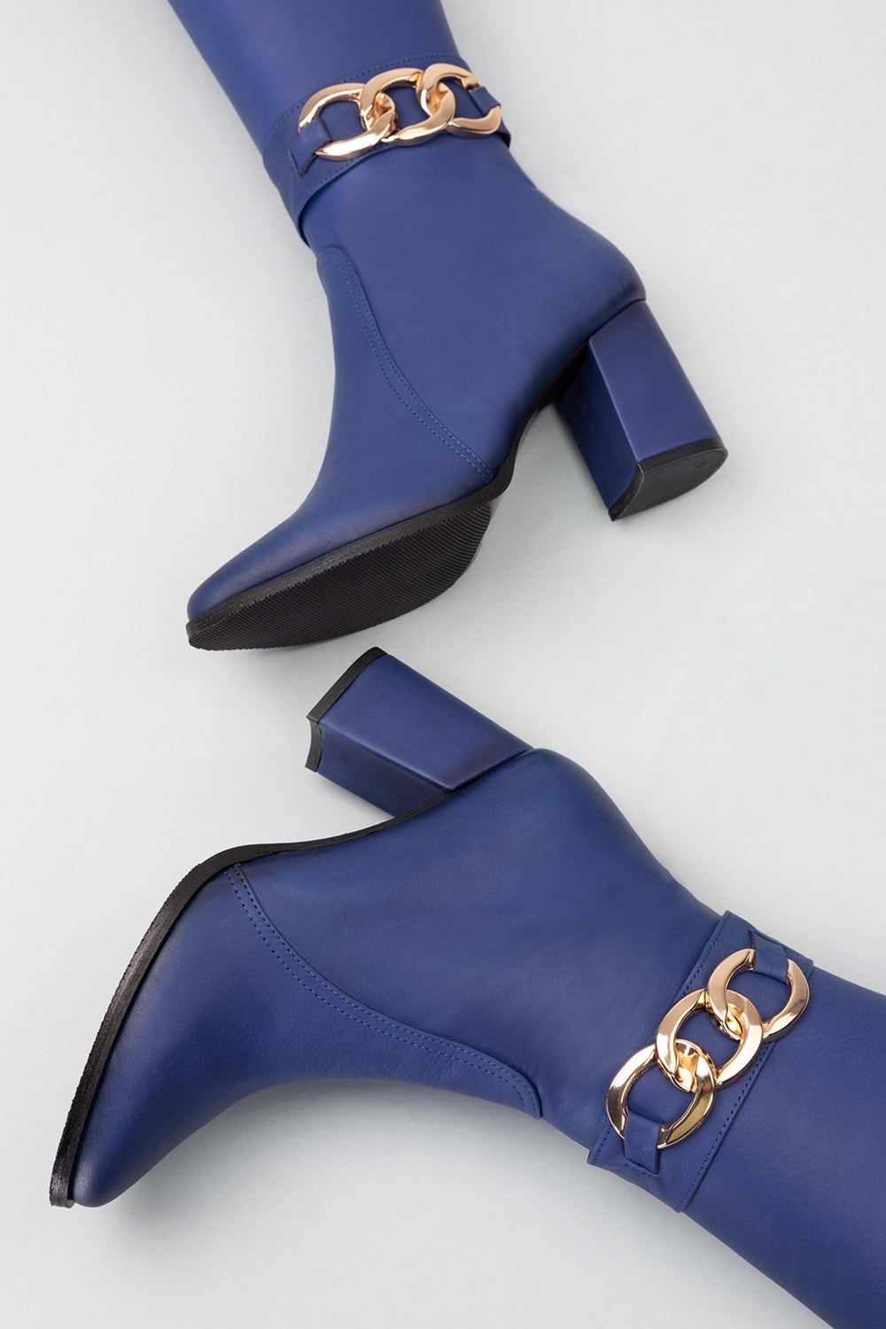 Gondol Hakiki Deri Zincir Detaylı Topuklu Çizme anl.2703 - Saks Mavi - 42
