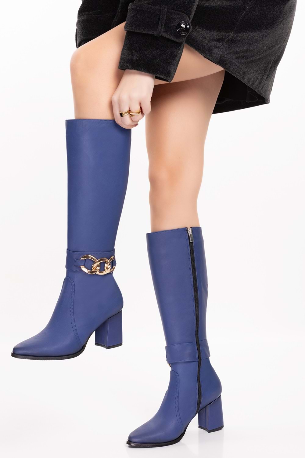 Gondol Hakiki Deri Zincir Detaylı Topuklu Çizme anl.2703 - Saks Mavi - 42