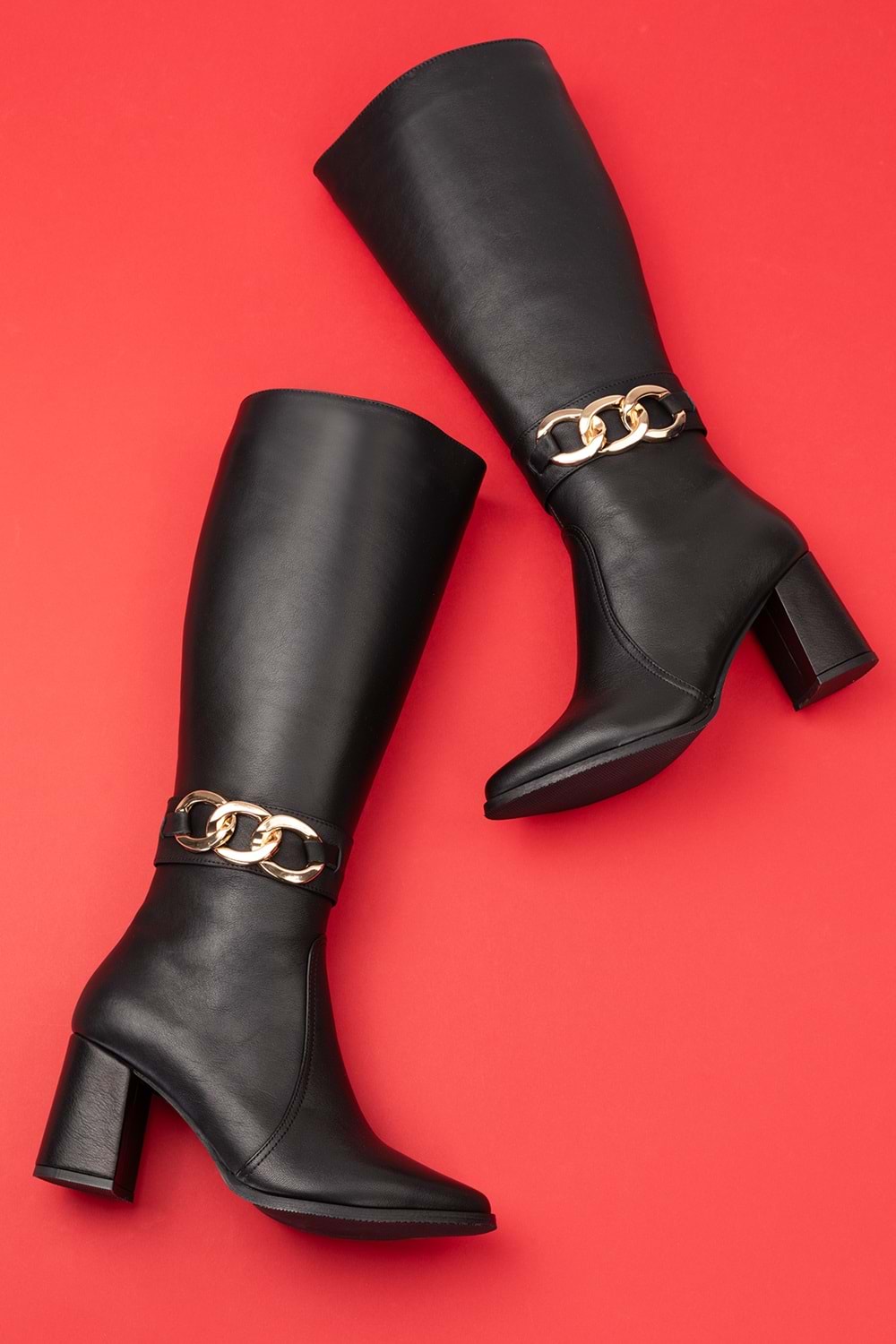 Gondol Hakiki Deri Zincir Detaylı Topuklu Çizme anl.2703 - Siyah - 41