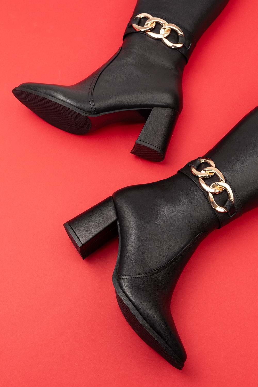 Gondol Hakiki Deri Zincir Detaylı Topuklu Çizme anl.2703 - Siyah - 41