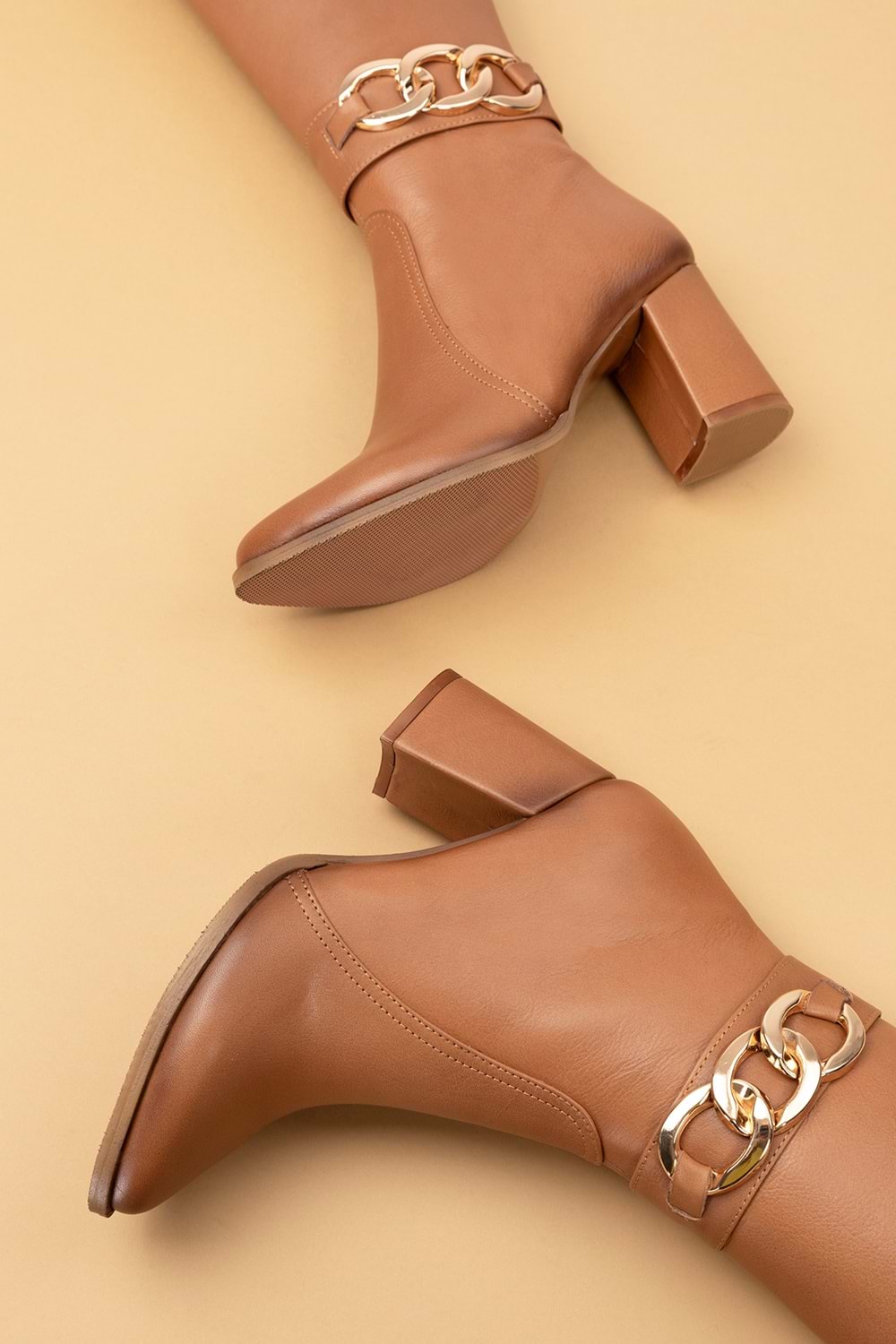 Gondol Hakiki Deri Zincir Detaylı Topuklu Çizme anl.2703 - Taba - 40