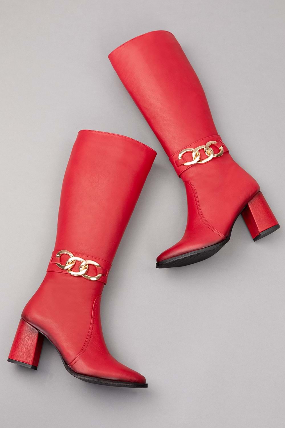 Gondol Hakiki Deri Zincir Detaylı Topuklu Çizme anl.2703 - kırmızı - 42