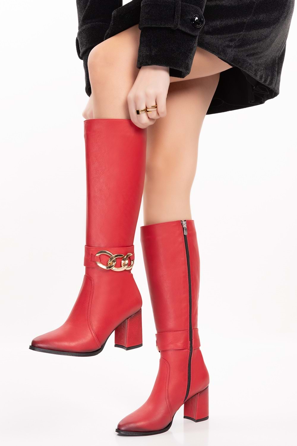 Gondol Hakiki Deri Zincir Detaylı Topuklu Çizme anl.2703 - kırmızı - 42