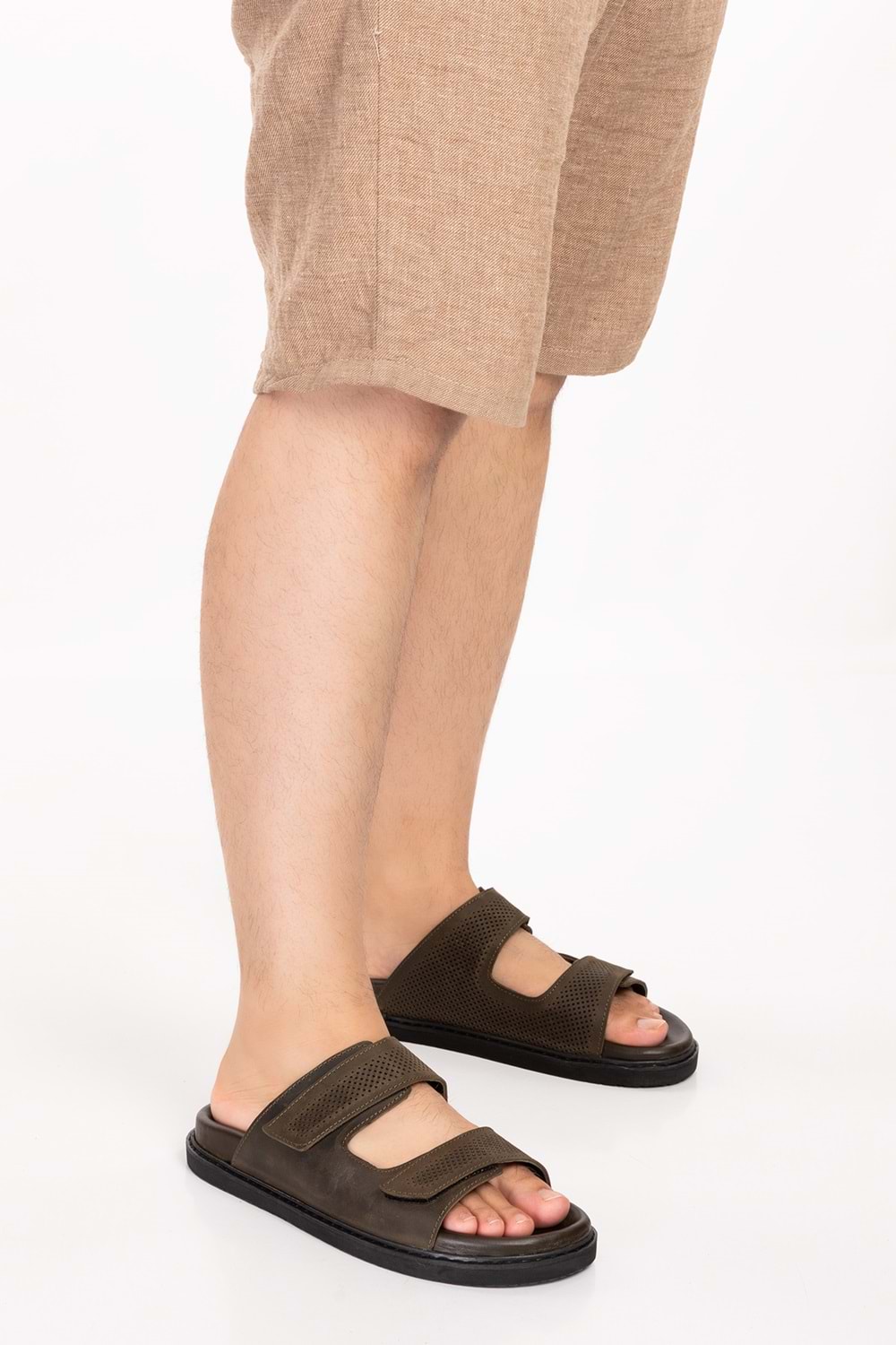 Gondol Erkek Hakiki Deri Cırtlı Ayarlanabilir Rahat Terlik esm.616 - Haki - 40