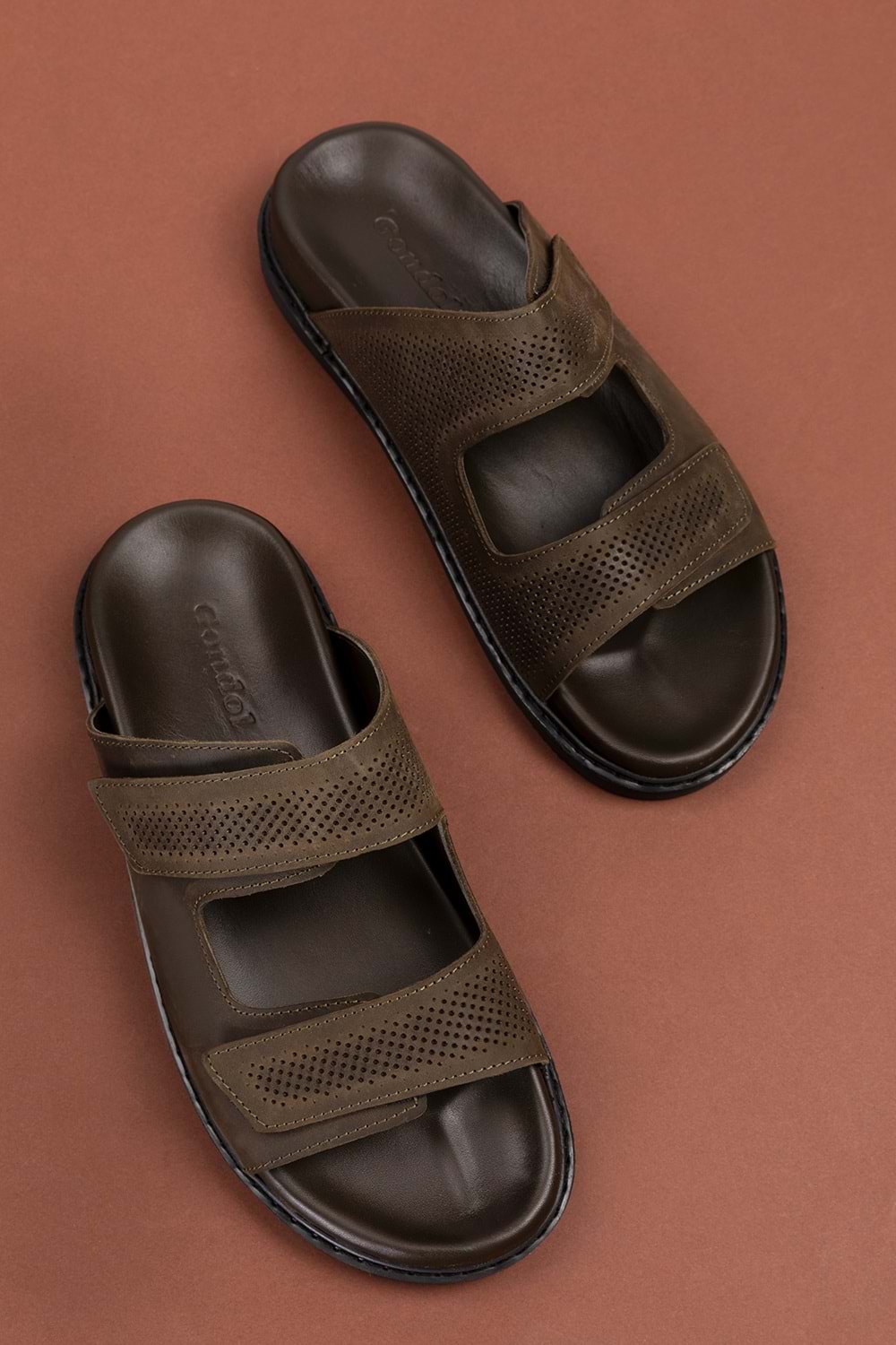 Gondol Erkek Hakiki Deri Cırtlı Ayarlanabilir Rahat Terlik esm.616 - Haki - 40