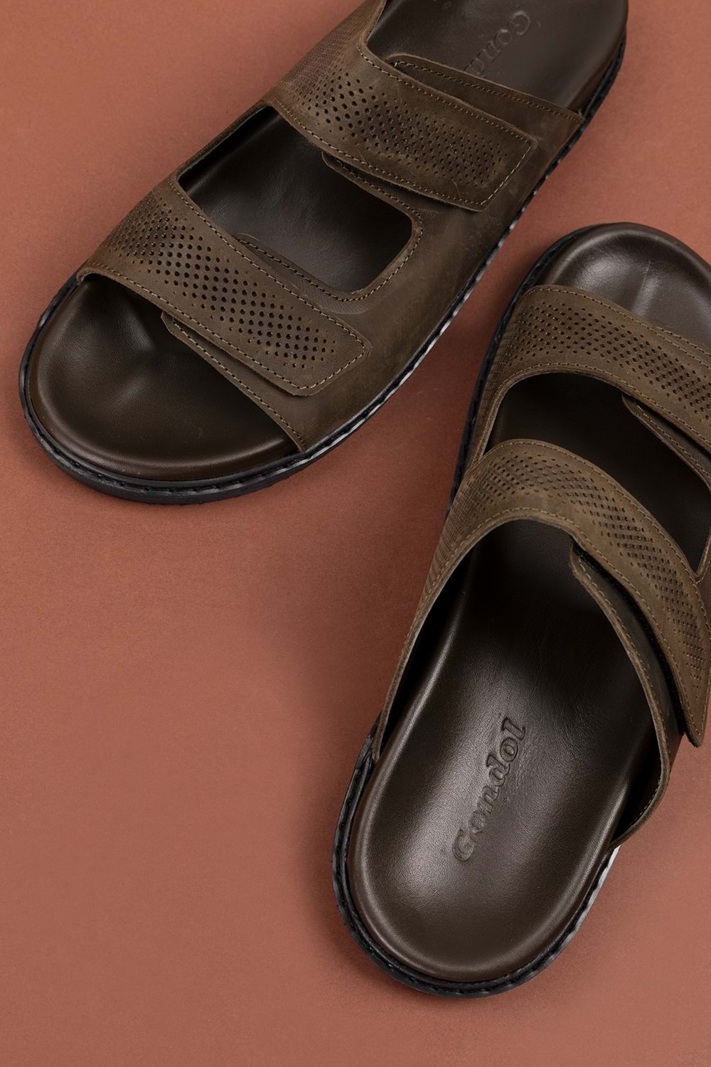 Gondol Erkek Hakiki Deri Cırtlı Ayarlanabilir Rahat Terlik esm.616 - Haki - 40