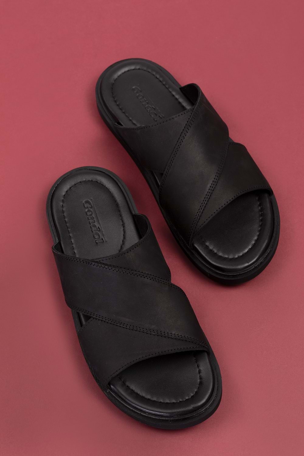 Gondol Erkek Hakiki Deri Çapraz Bant Terlik esm.303 - Siyah - 41