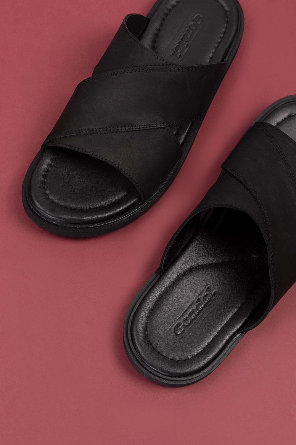 Gondol Erkek Hakiki Deri Çapraz Bant Terlik esm.303 - Siyah - 42