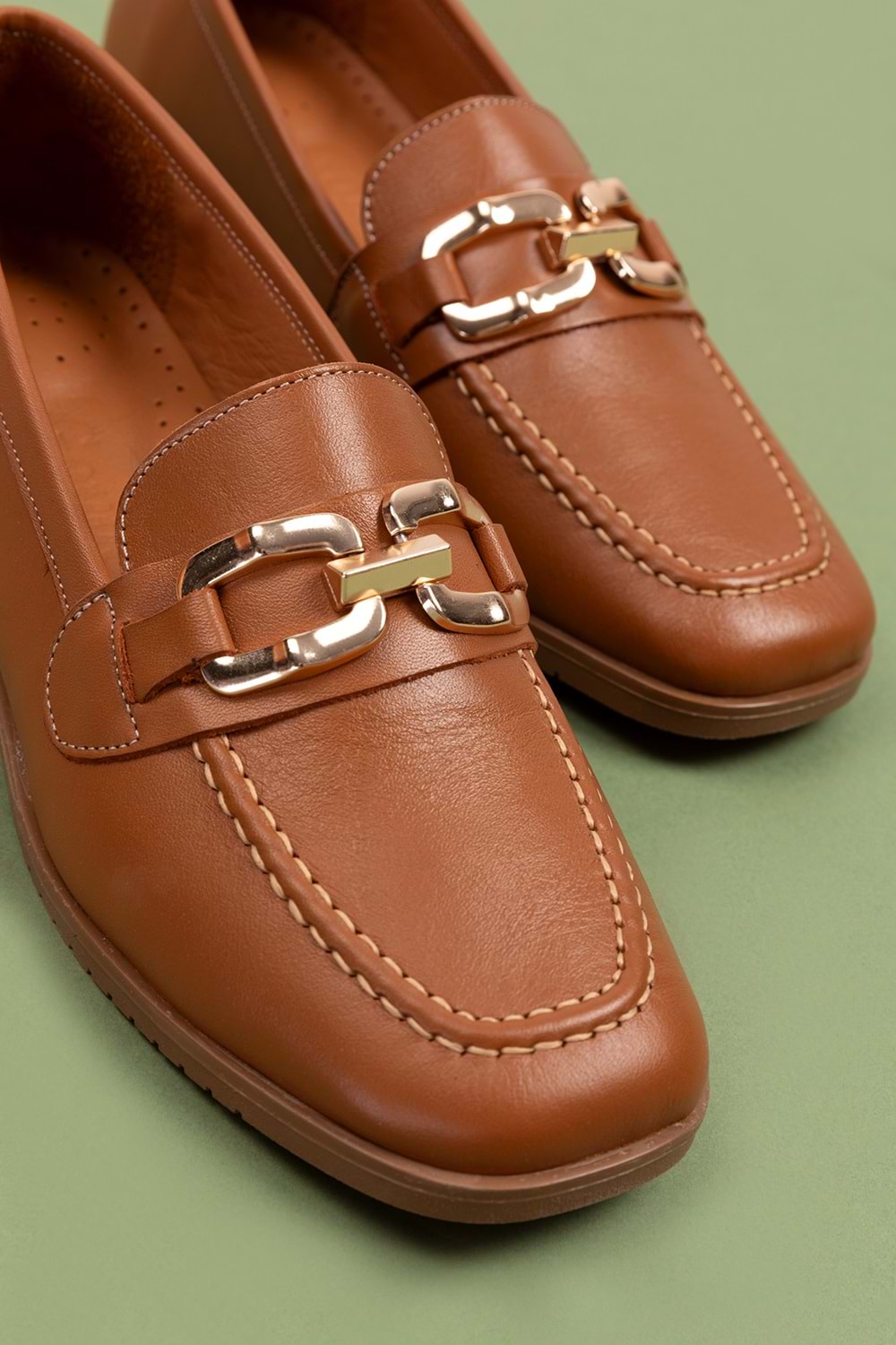 Gondol Hakiki Deri Kadın Köşeli Burun Loafer esl.b06 - Taba - 40