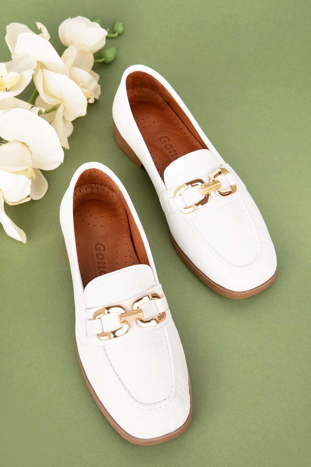 Gondol Hakiki Deri Kadın Köşeli Burun Loafer esl.b06 - Beyaz - 41