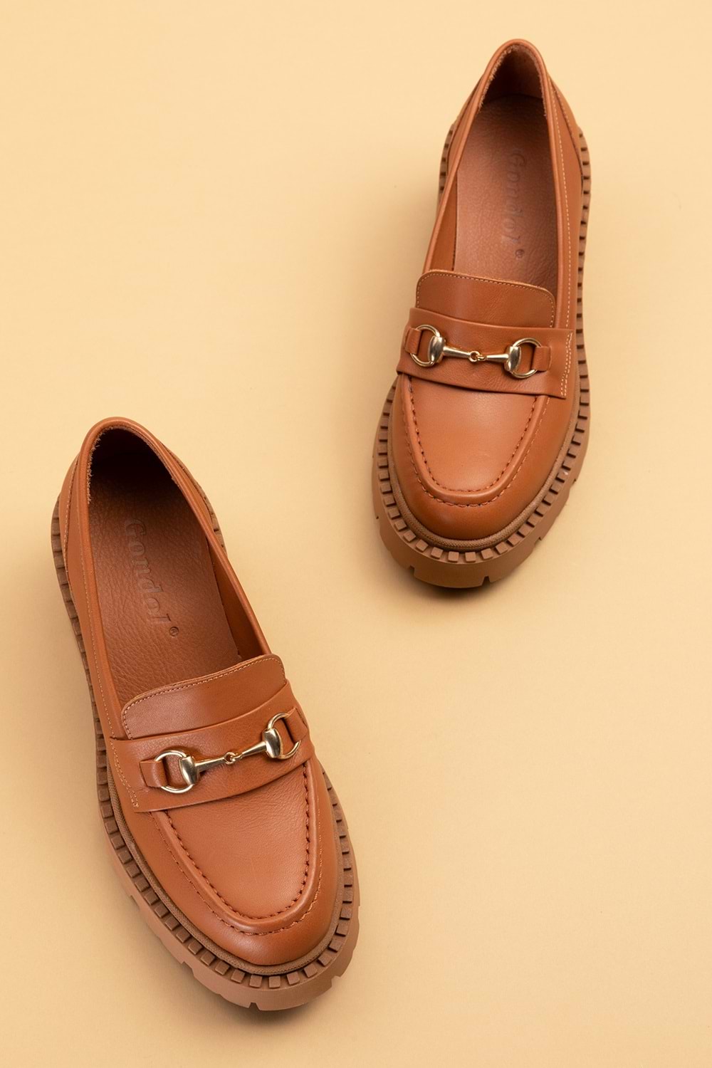 Gondol Hakiki Deri Kalın Taban Platform Topuklu Ayakkabı vtg.23803 - Taba - 40