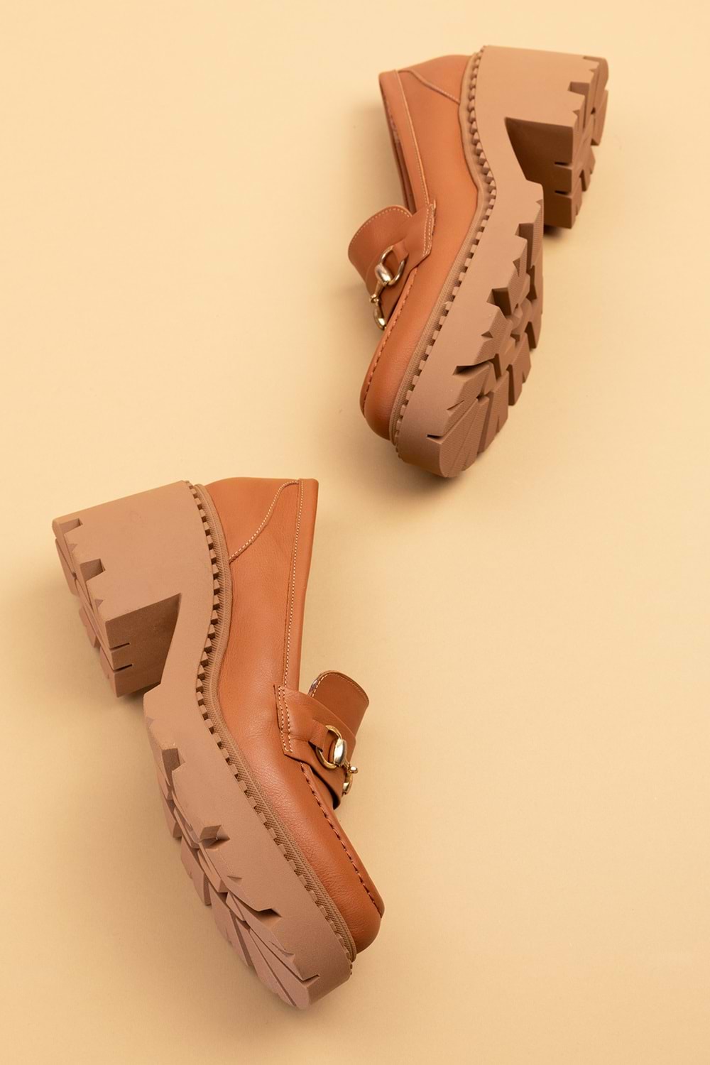 Gondol Hakiki Deri Kalın Taban Platform Topuklu Ayakkabı vtg.23803 - Taba - 40