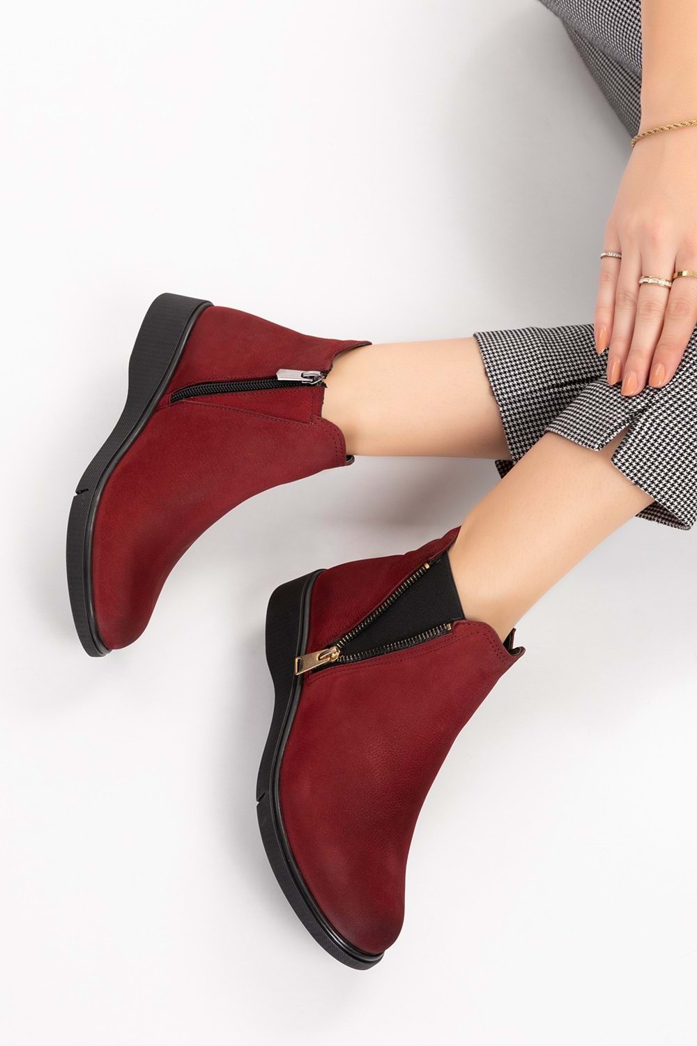 Gondol Hakiki Deri Nubuk Fermuarlı Günlük Bot esfa.3539 - Bordo - 36