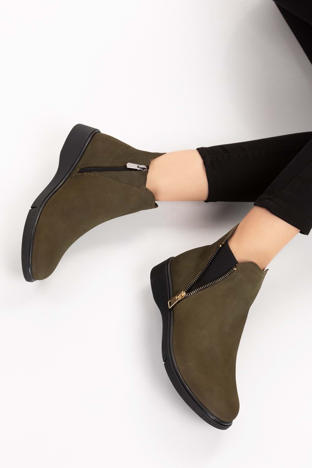 Gondol Hakiki Deri Nubuk Fermuarlı Günlük Bot esfa.3539 - Haki - 37