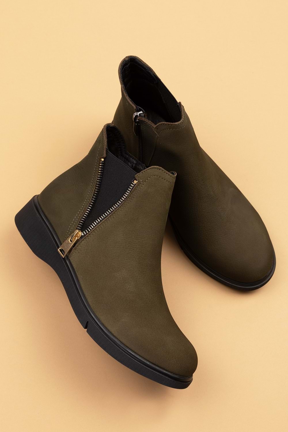 Gondol Hakiki Deri Nubuk Fermuarlı Günlük Bot esfa.3539 - Haki - 37