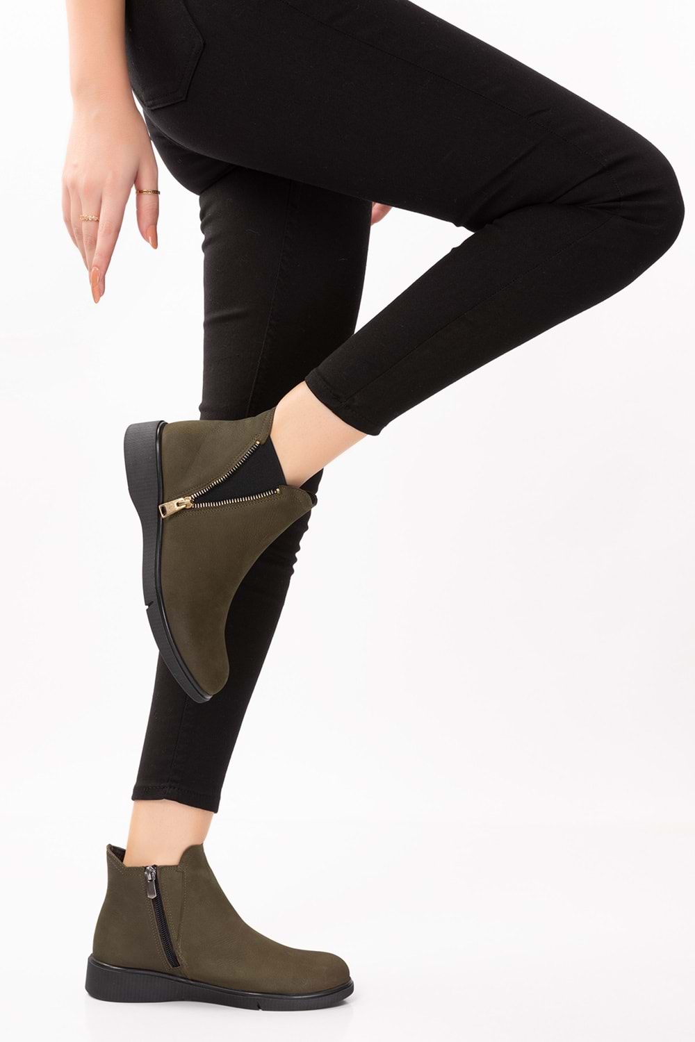 Gondol Hakiki Deri Nubuk Fermuarlı Günlük Bot esfa.3539 - Haki - 37