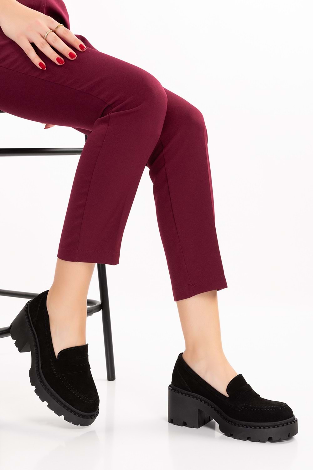 Gondol Hakiki Deri Kalın Taban Platform Topuklu Ayakkabı vtg.23802 - Siyah Süet - 41