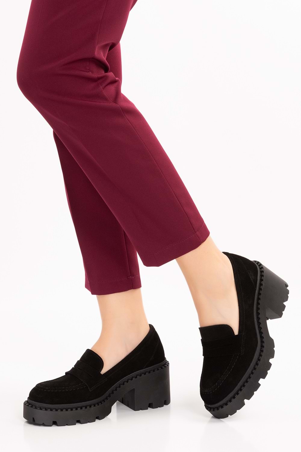 Gondol Hakiki Deri Kalın Taban Platform Topuklu Ayakkabı vtg.23802 - Siyah Süet - 41