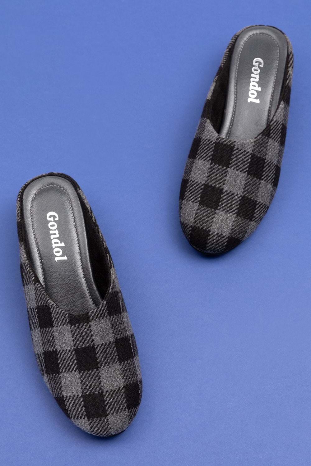 Gondol İçi Deri Ekose Desenli Ev Terliği mik.580 - Siyah - 41