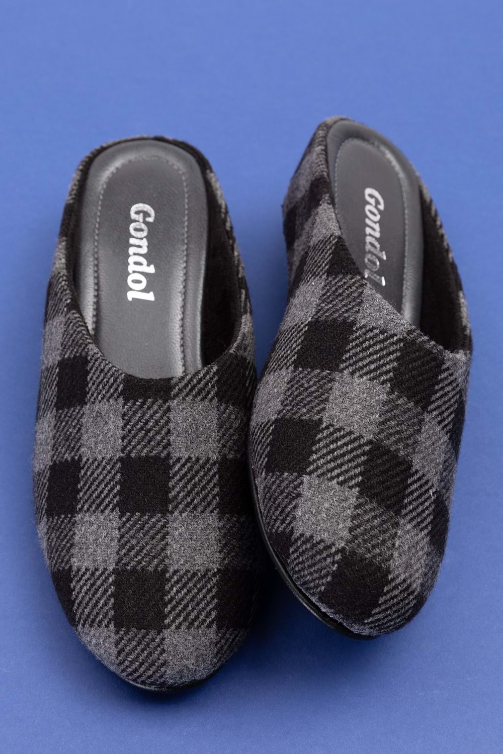 Gondol İçi Deri Ekose Desenli Ev Terliği mik.580 - Siyah - 41