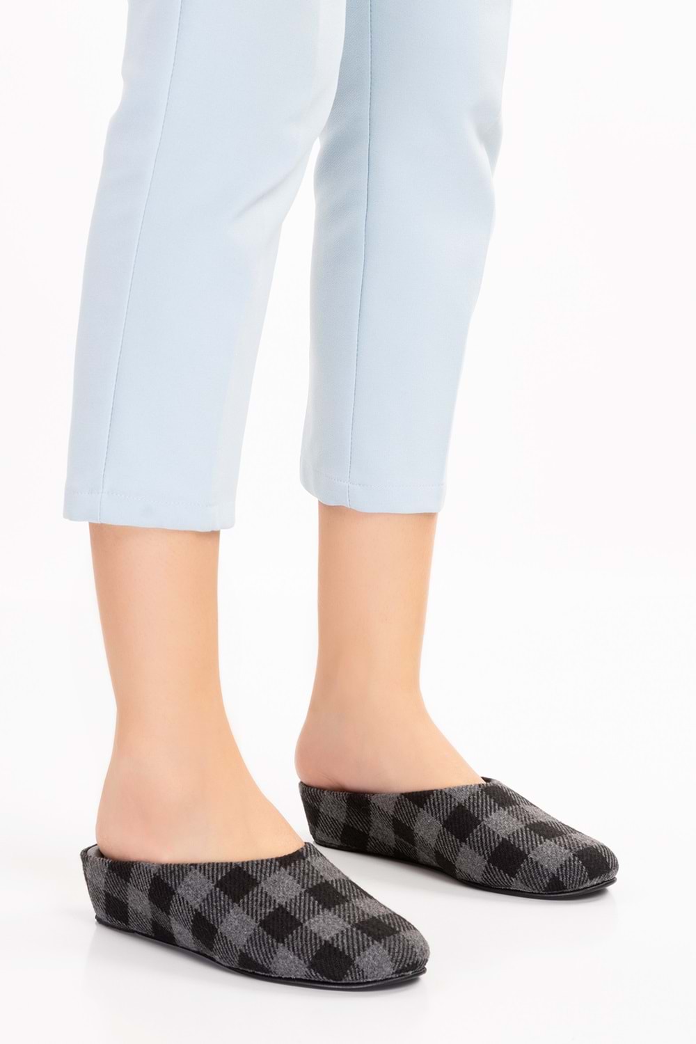 Gondol İçi Deri Ekose Desenli Ev Terliği mik.580 - Siyah - 41