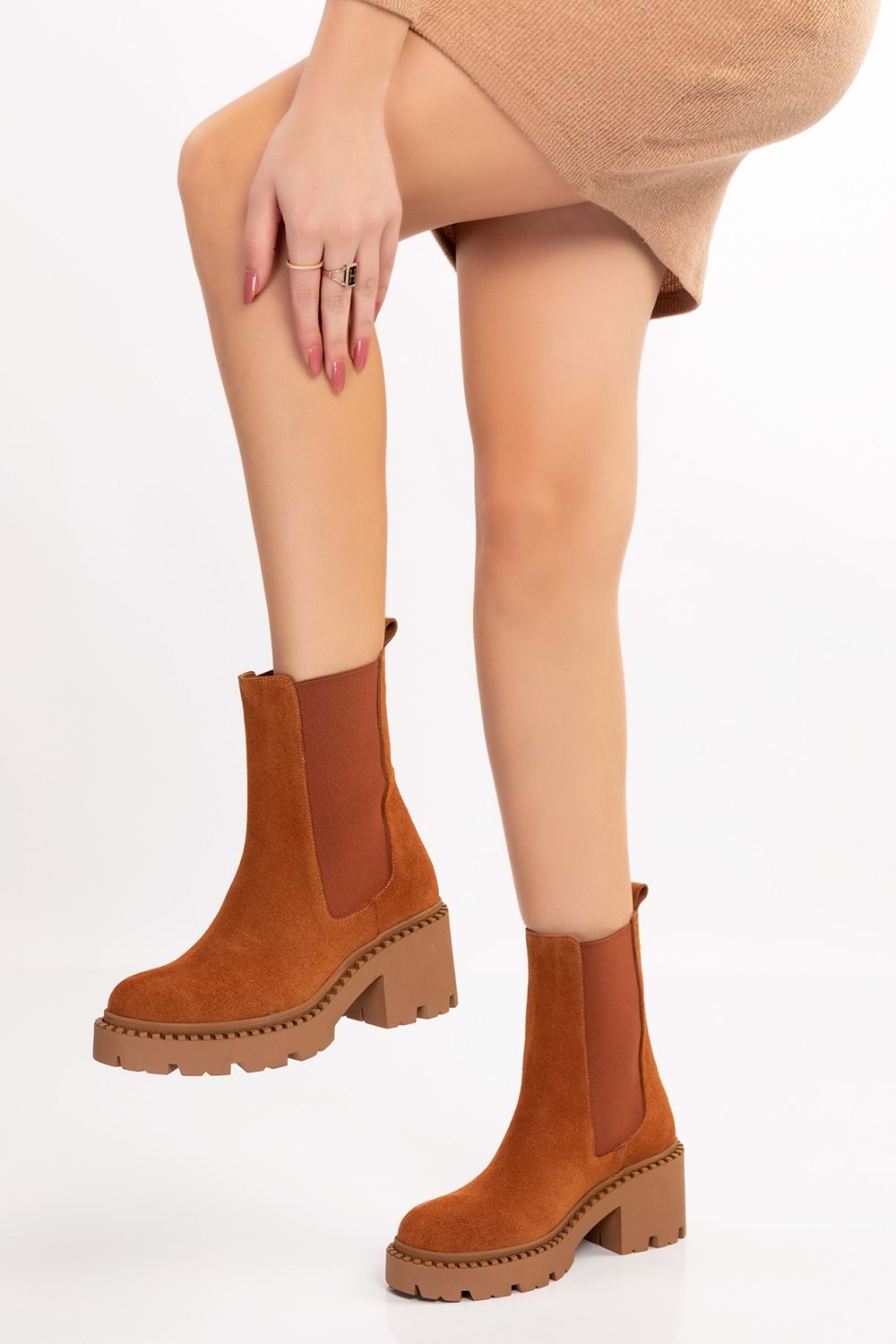 Gondol Hakiki Deri Kalın Taban Platform Topuklu Bot vtg.23801 - Taba Süet - 37