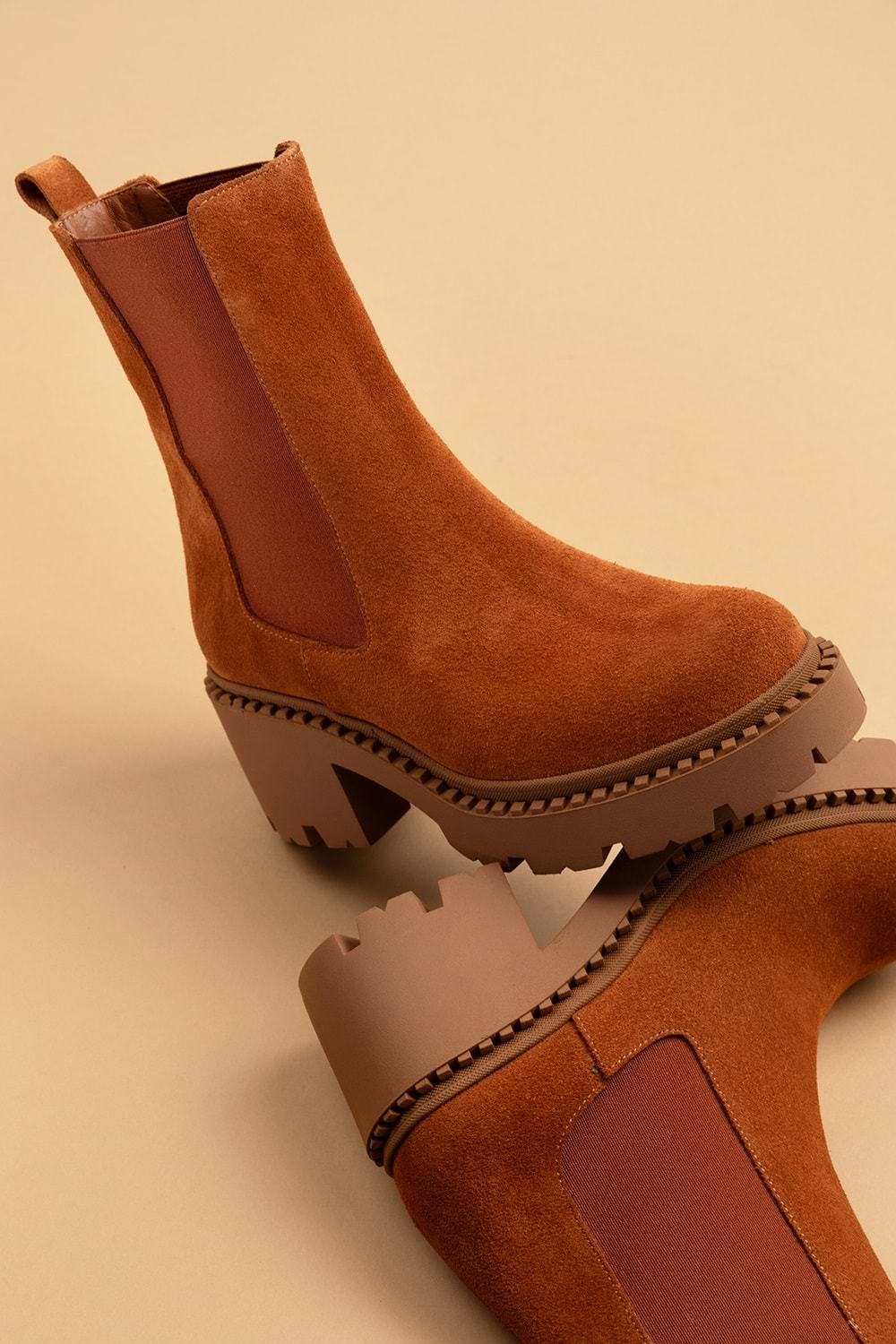 Gondol Hakiki Deri Kalın Taban Platform Topuklu Bot vtg.23801 - Taba Süet - 37