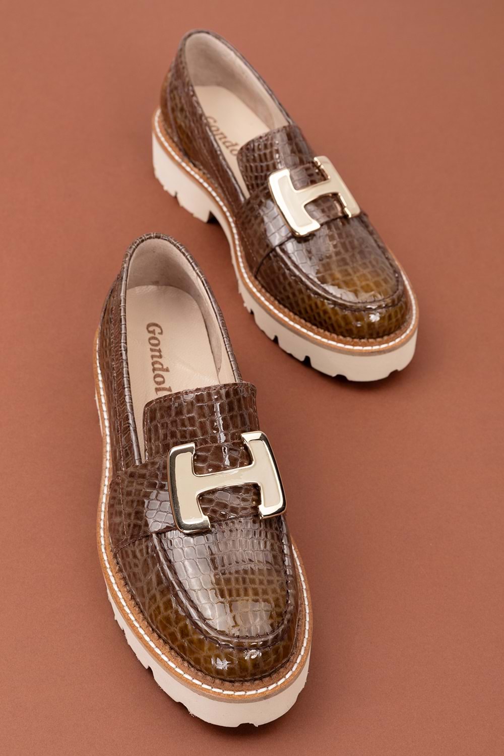 Gondol Hakiki Deri Kalın Taban Hafif Oxford Ayakkabı yt.100 - Kahve Croco - 40