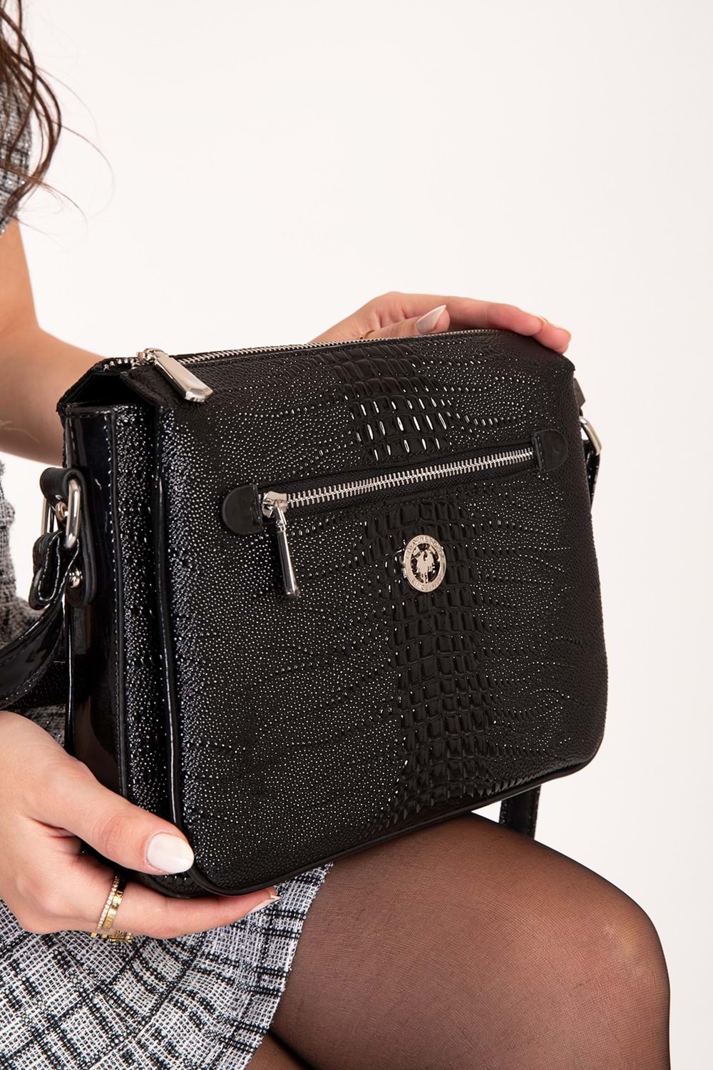 Gondol Kadın Günlük Çapraz Omuz Çantası gp.1420 - Siyah İnce Croco - TEK EBAT