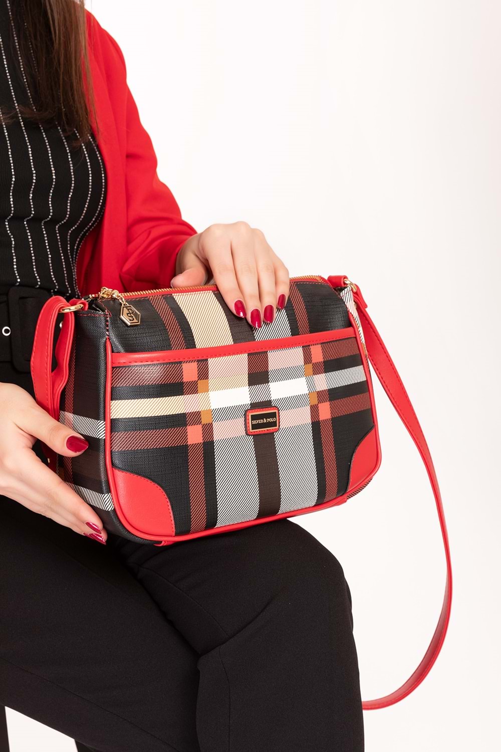 Gondol Kadın Günlük Şık Kullanışlı Çapraz Omuz Çantası sp.1060 - Kırmızı Ekose