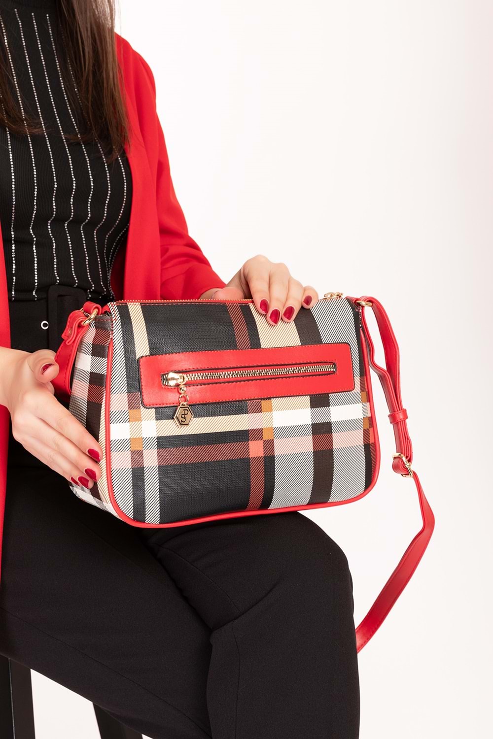 Gondol Kadın Günlük Şık Kullanışlı Çapraz Omuz Çantası sp.1060 - Kırmızı Ekose