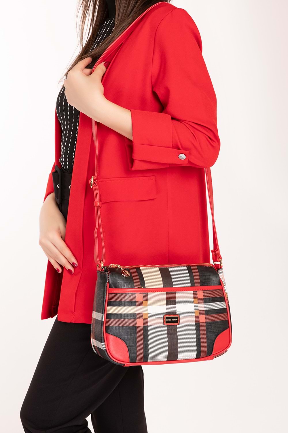 Gondol Kadın Günlük Şık Kullanışlı Çapraz Omuz Çantası sp.1060 - Kırmızı Ekose