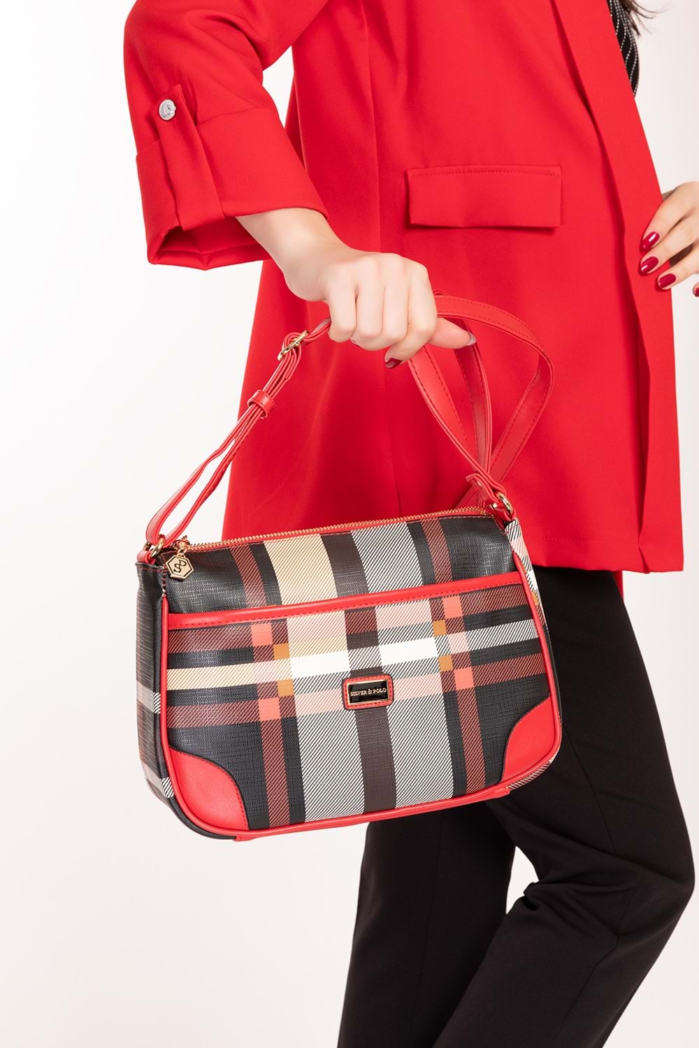 Gondol Kadın Günlük Şık Kullanışlı Çapraz Omuz Çantası sp.1060 - Kırmızı Ekose