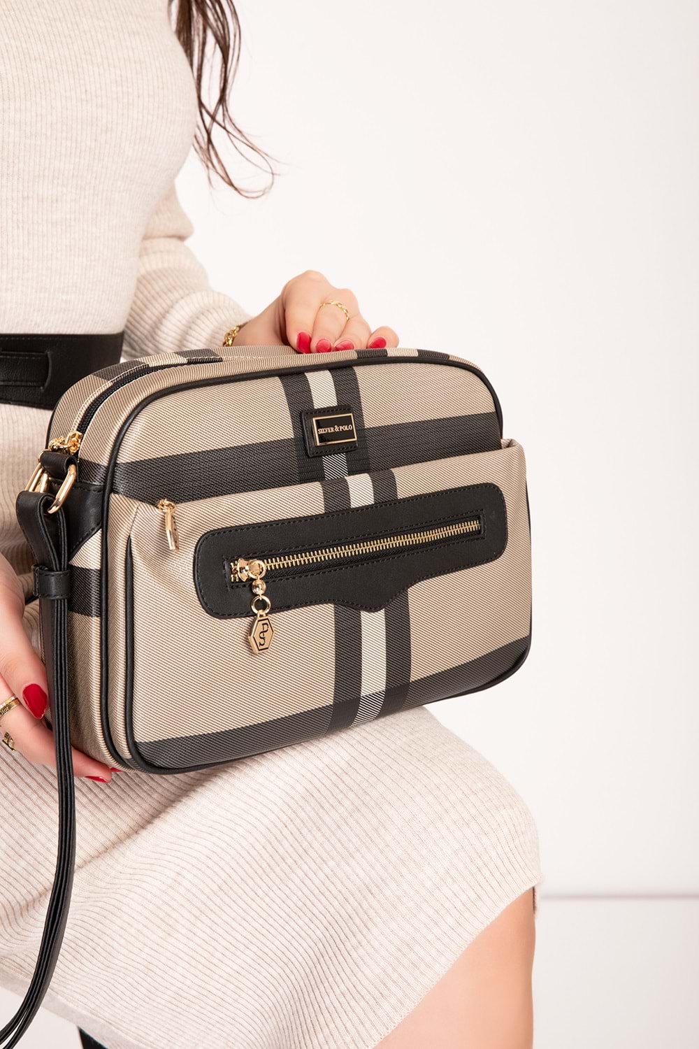 Silver Polo Kadın Çift Bölmeli Ekose Desen Çapraz Çanta sp.491 - Vizon Ekose