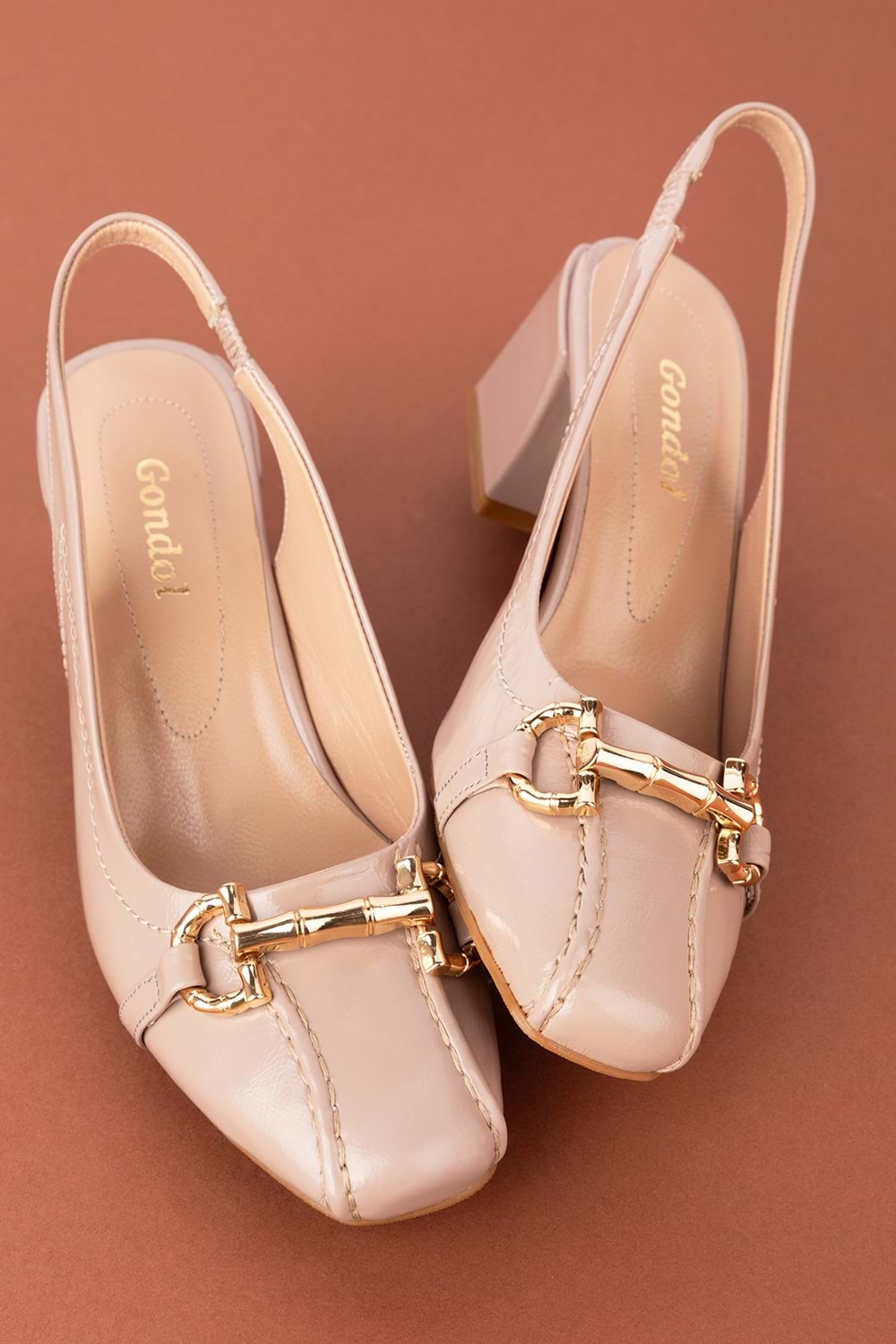 Gondol Hakiki Deri Toka Detaylı Şık Topuklu Ayakkabı ast.6451 - vizon rugan - 35