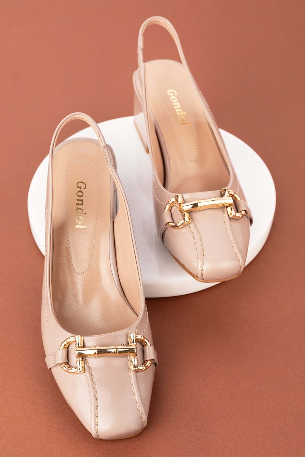 Gondol Hakiki Deri Toka Detaylı Şık Topuklu Ayakkabı ast.6451 - vizon rugan - 35